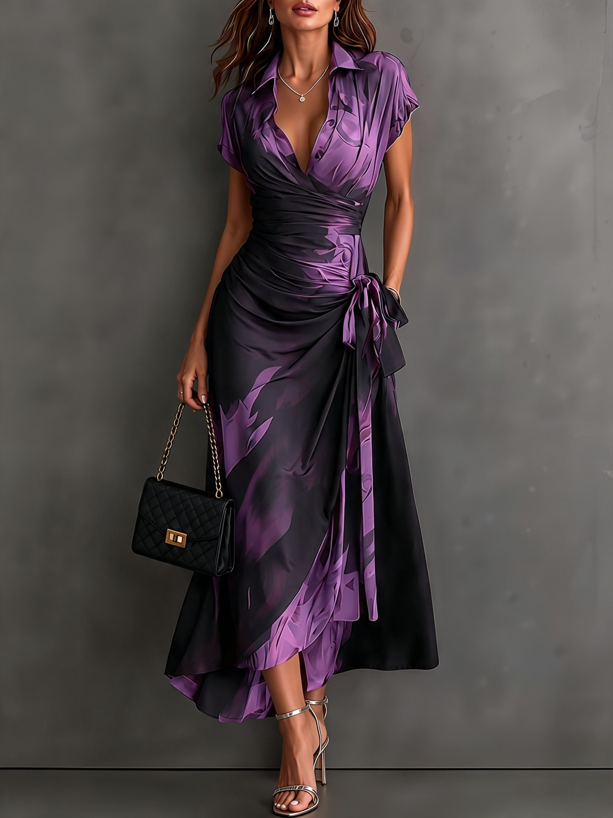 Malasia | Robe midi portefeuille abstraite rouge et noire à col chemise, décolleté en V