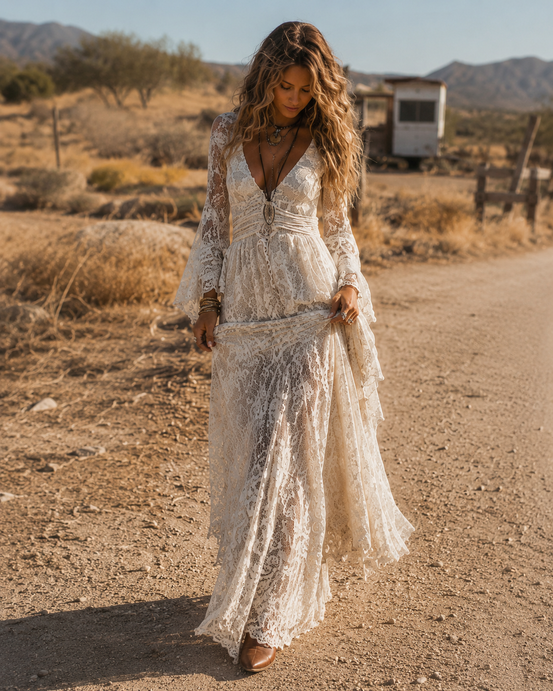 Serena | Robe Maxi en Dentelle à Manches Évasées, Ivoire