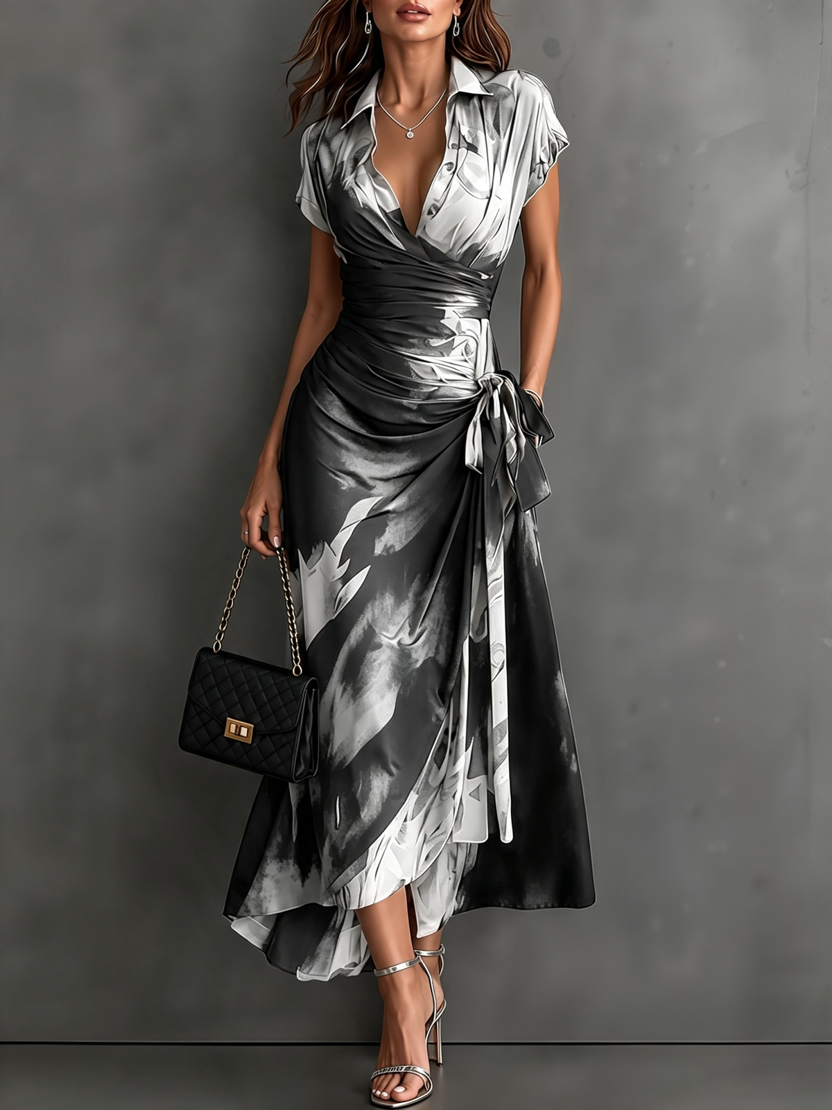 Malasia | Robe midi portefeuille abstraite rouge et noire à col chemise, décolleté en V