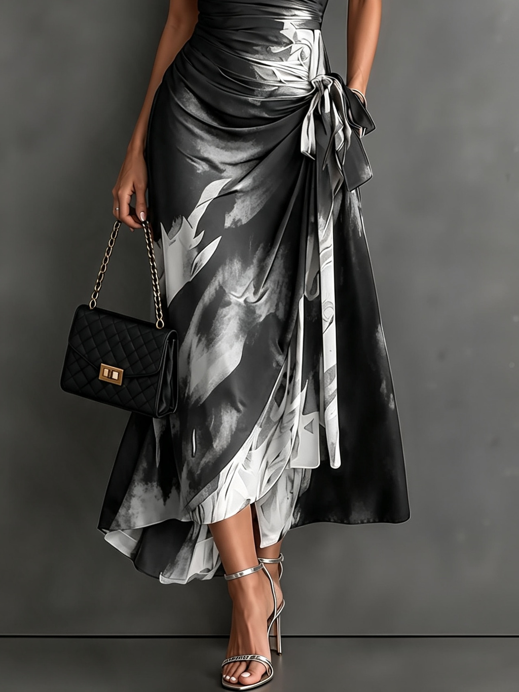 Malasia | Robe midi portefeuille abstraite rouge et noire à col chemise, décolleté en V
