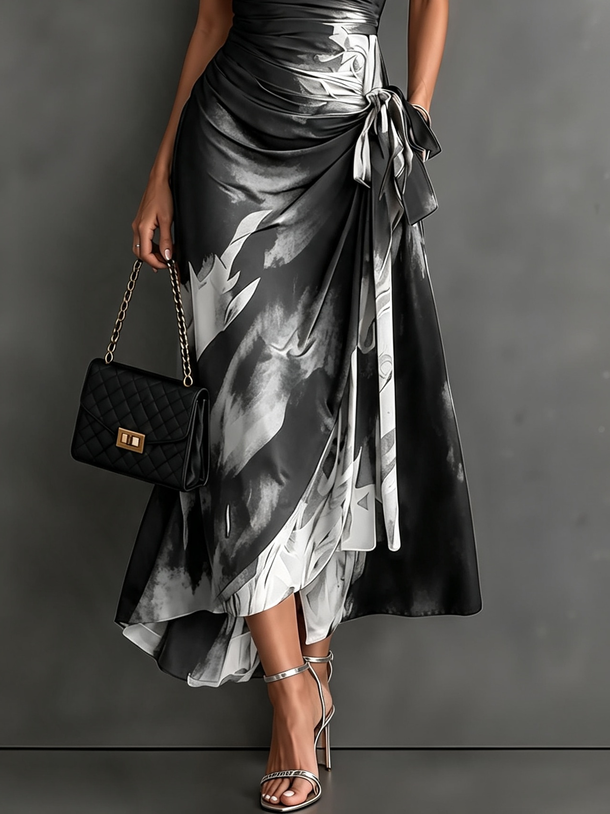 Malasia | Robe midi portefeuille abstraite rouge et noire à col chemise, décolleté en V