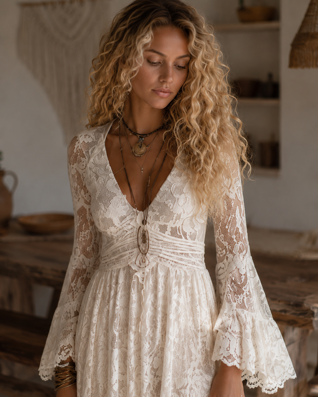Serena | Robe Maxi en Dentelle à Manches Évasées, Ivoire