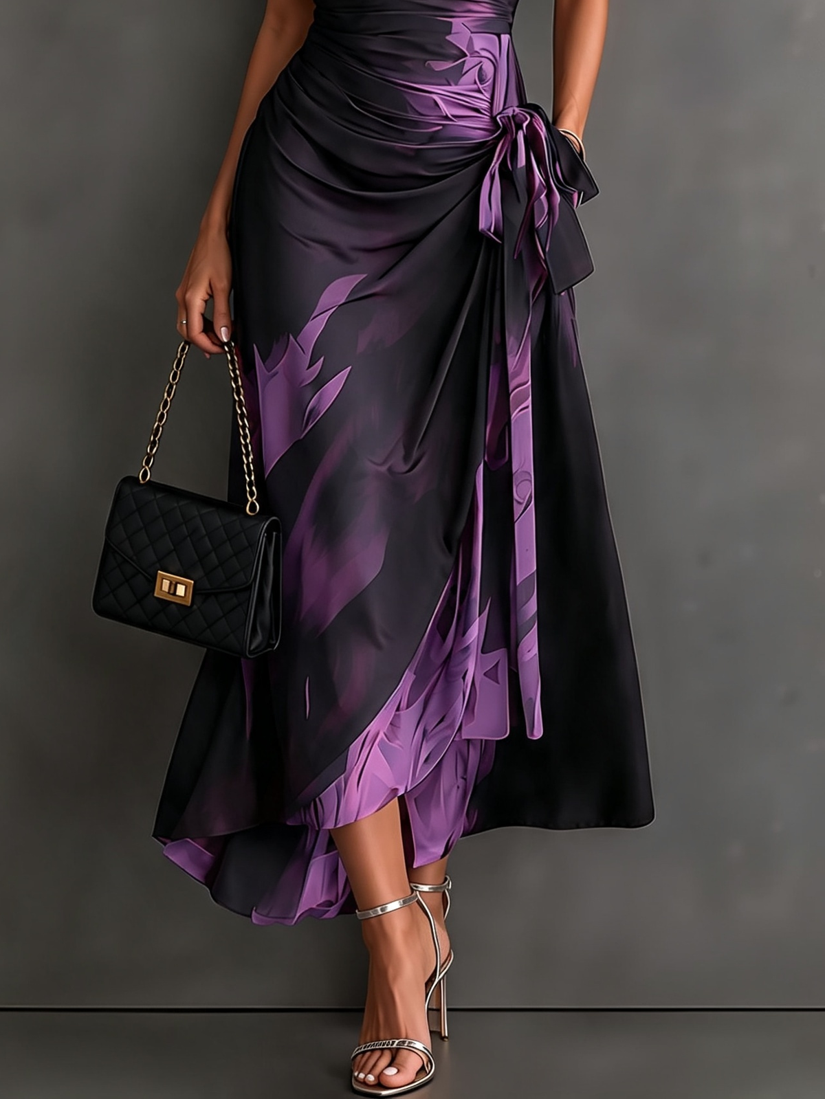 Malasia | Robe midi portefeuille abstraite rouge et noire à col chemise, décolleté en V