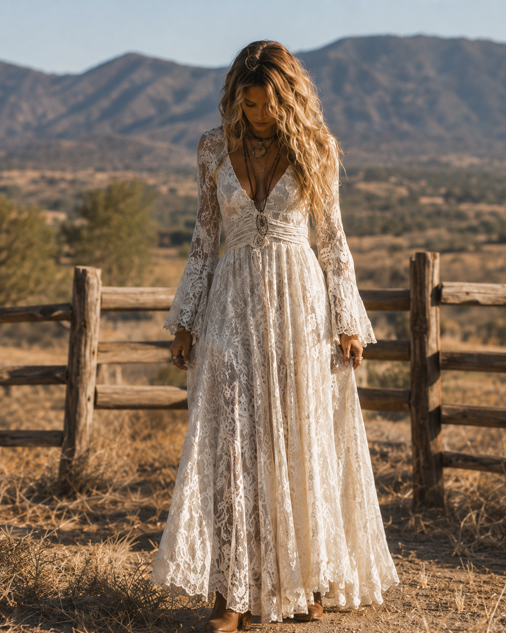 Serena | Robe Maxi en Dentelle à Manches Évasées, Ivoire