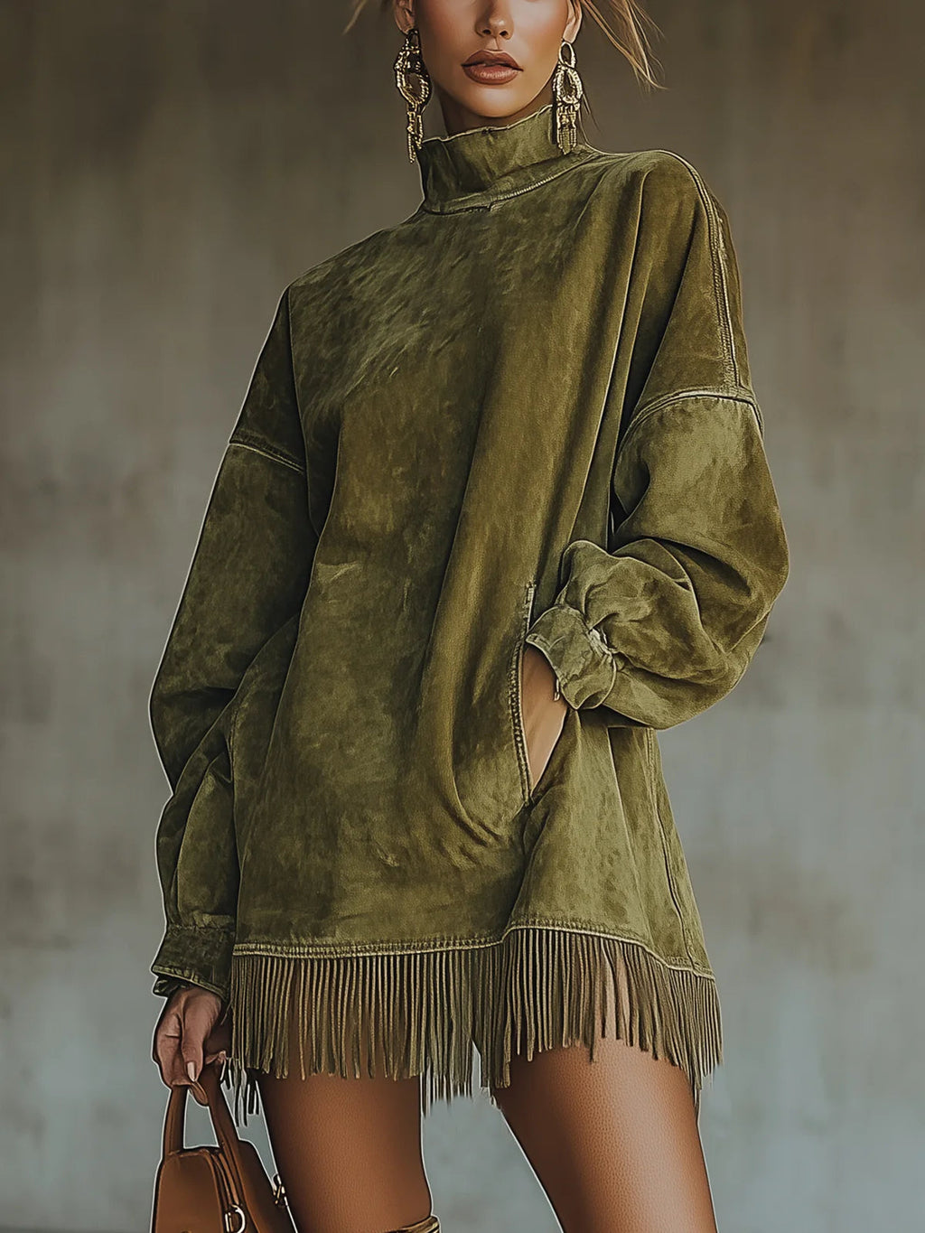Gabrielle | Robe en Suédine à Col Montant et Franges