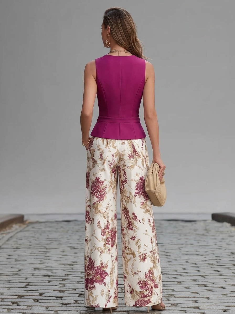 Isabelle | Ensemble gilet rose et pantalon fluide fleuri