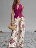Isabelle | Ensemble gilet rose et pantalon fluide fleuri