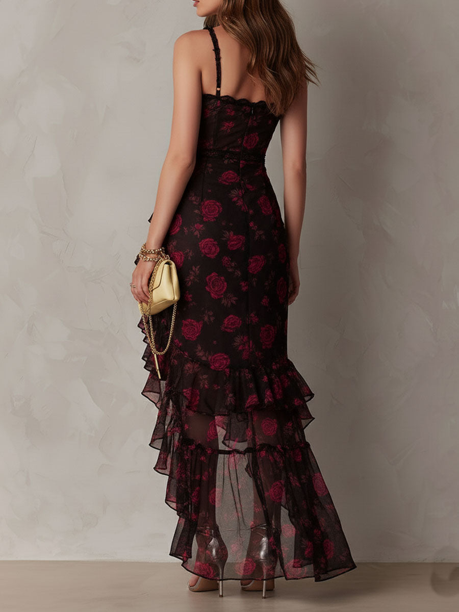 Edith | Robe courte drapée noire et rouge à fleurs et ourlet volanté