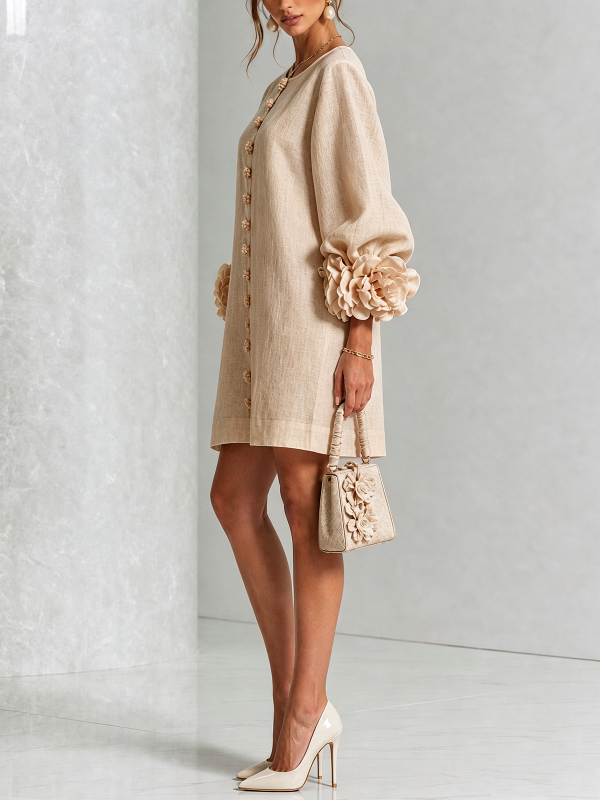 Ambra | Robe Mini en Mélange de Lin à Poignets Fleur, Beige