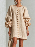 Ambra | Robe Mini en Mélange de Lin à Poignets Fleur, Beige