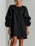 Cecilia | Robe Mini en Mélange de Lin à Poignets Fleur, Noir
