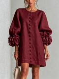 Ilaria | Robe Mini en Mélange de Lin à Poignets Fleur, Bordeaux