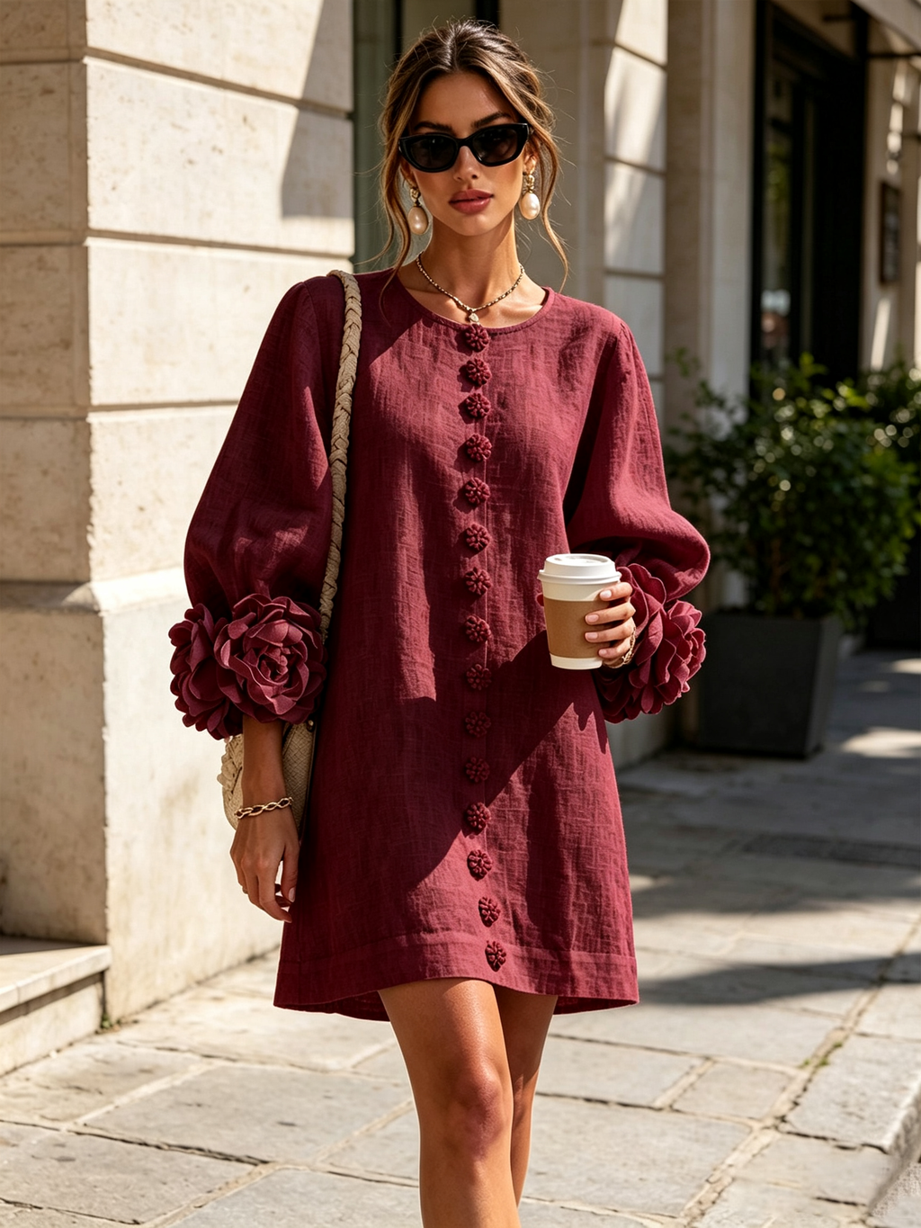 Ilaria | Robe Mini en Mélange de Lin à Poignets Fleur, Bordeaux