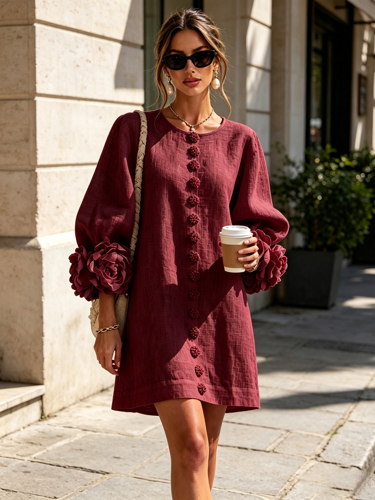 Ilaria | Robe Mini en Mélange de Lin à Poignets Fleur, Bordeaux