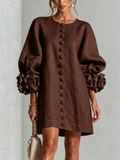 Bruna | Robe Mini en Mélange de Lin à Poignets Fleur, Marron Chocolat