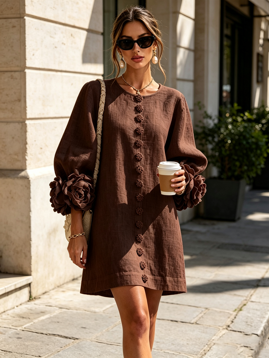 Bruna | Robe Mini en Mélange de Lin à Poignets Fleur, Marron Chocolat