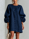 Marina | Robe Mini en Mélange de Lin à Poignets Fleur, Bleu Marine