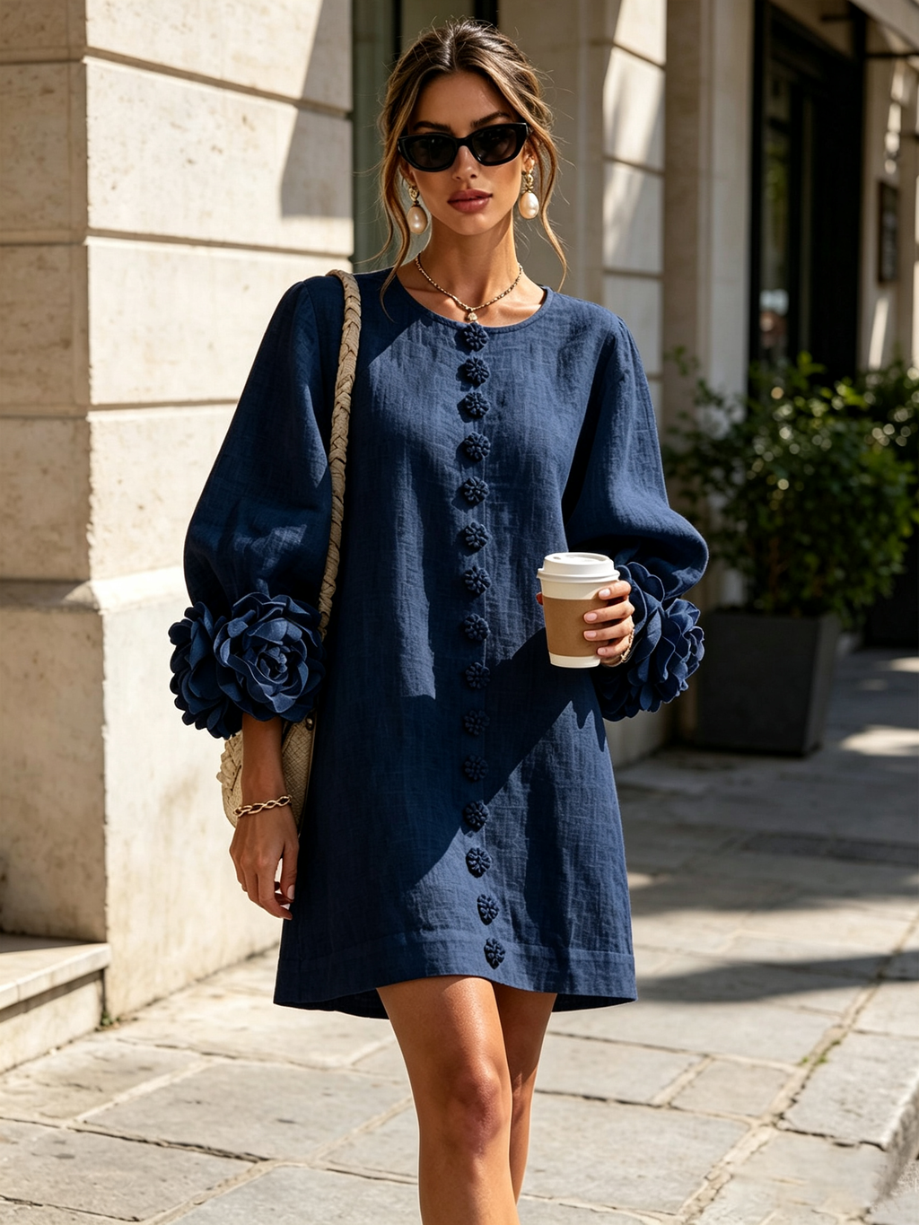 Marina | Robe Mini en Mélange de Lin à Poignets Fleur, Bleu Marine