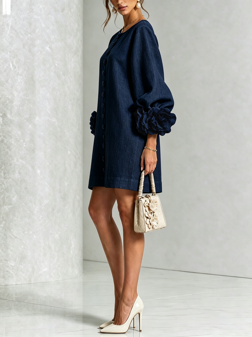 Marina | Robe Mini en Mélange de Lin à Poignets Fleur, Bleu Marine