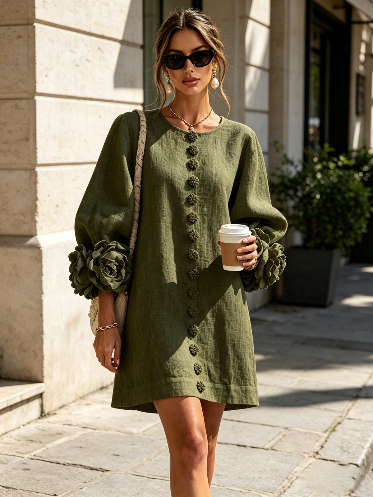 Gaia | Robe Mini en Mélange de Lin à Poignets Fleur, Vert Olive