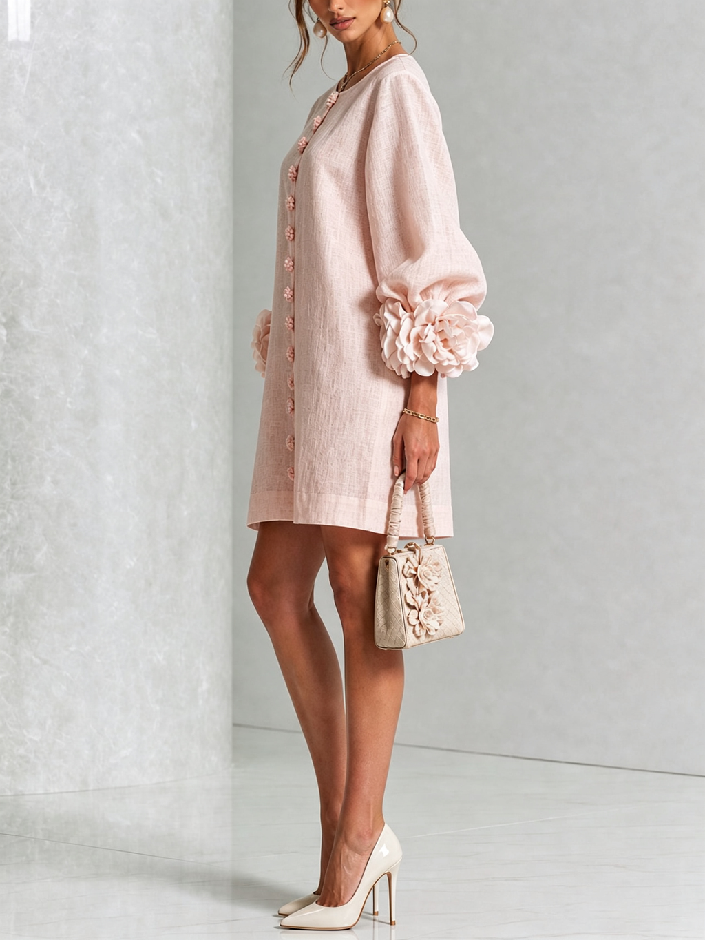 Noemi | Robe Mini en Mélange de Lin à Poignets Fleur, Rose