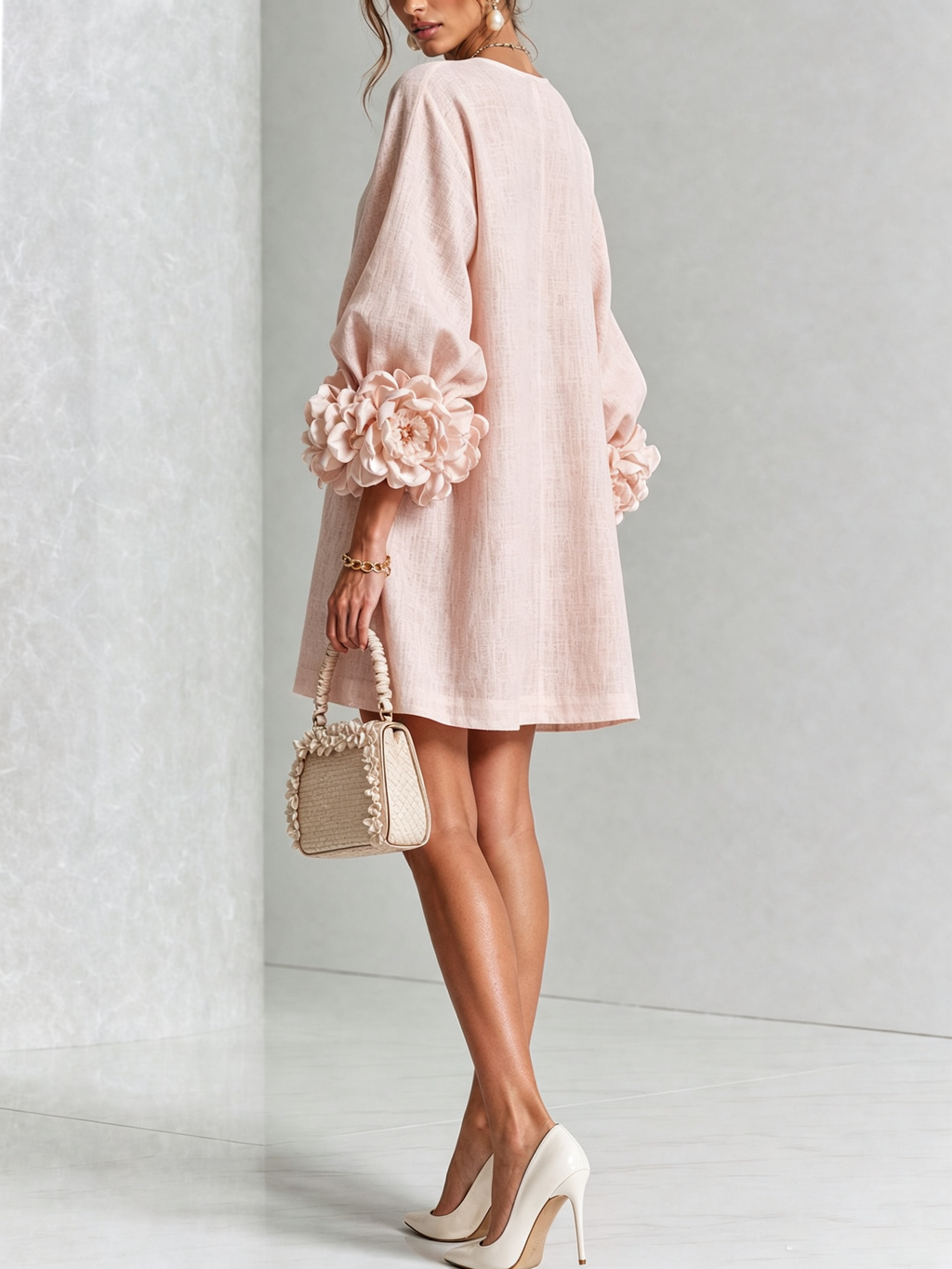 Noemi | Robe Mini en Mélange de Lin à Poignets Fleur, Rose