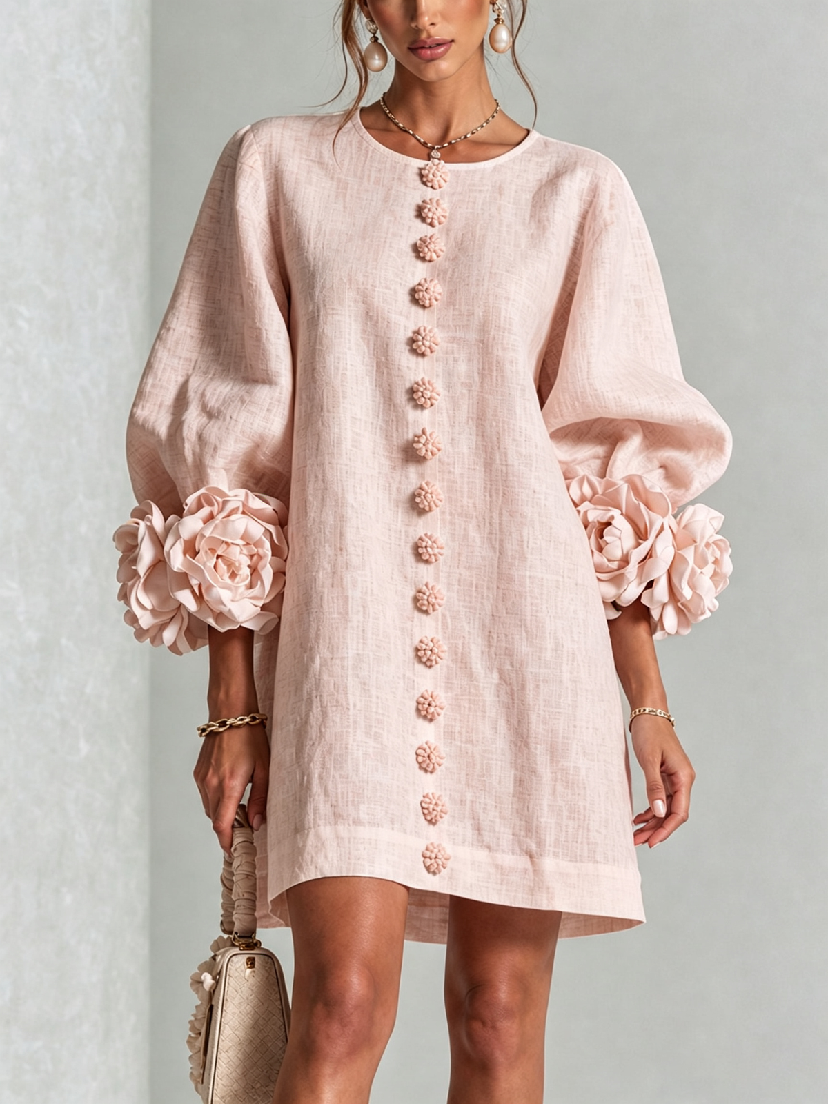 Noemi | Robe Mini en Mélange de Lin à Poignets Fleur, Rose