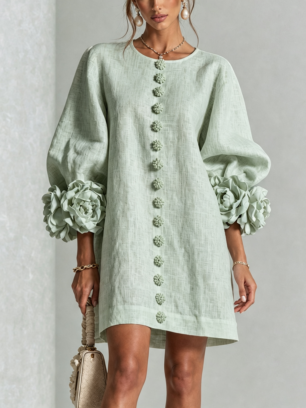 Delia | Robe Mini en Mélange de Lin à Poignets Fleur, Vert Sauge