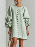Delia | Robe Mini en Mélange de Lin à Poignets Fleur, Vert Sauge