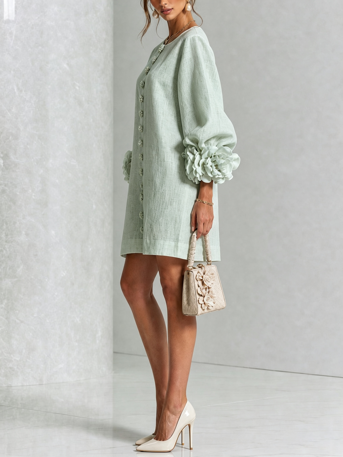 Delia | Robe Mini en Mélange de Lin à Poignets Fleur, Vert Sauge