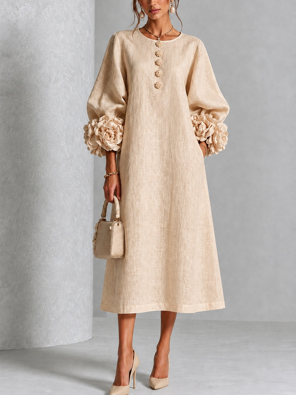 Flavie | Robe Boutonnée Fleurie Beige