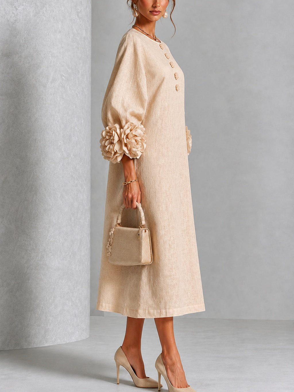Flavie | Robe Boutonnée Fleurie Beige