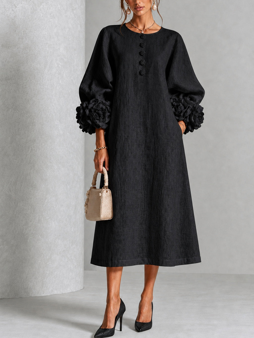 Diana | Robe Midi en Mélange de Lin à Poignets Fleur, Noir