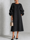 Diana | Robe Midi en Mélange de Lin à Poignets Fleur, Noir