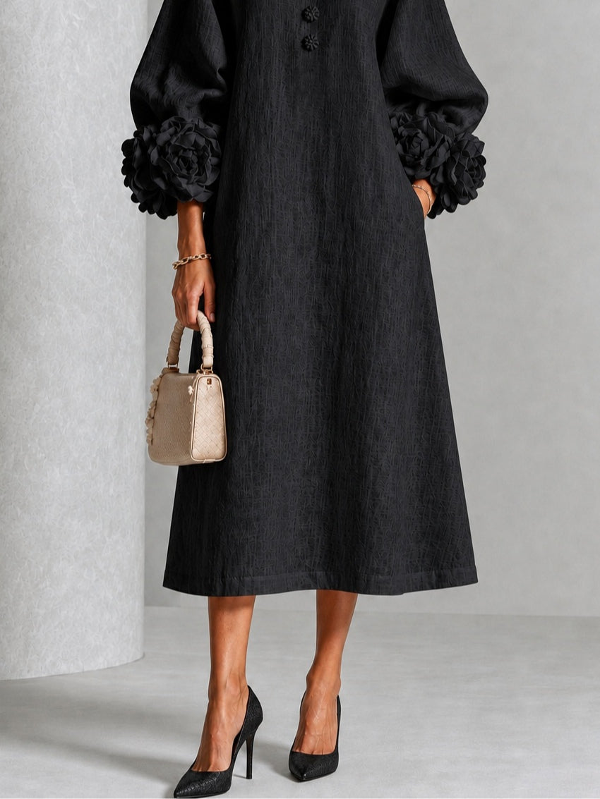Diana | Robe Midi en Mélange de Lin à Poignets Fleur, Noir