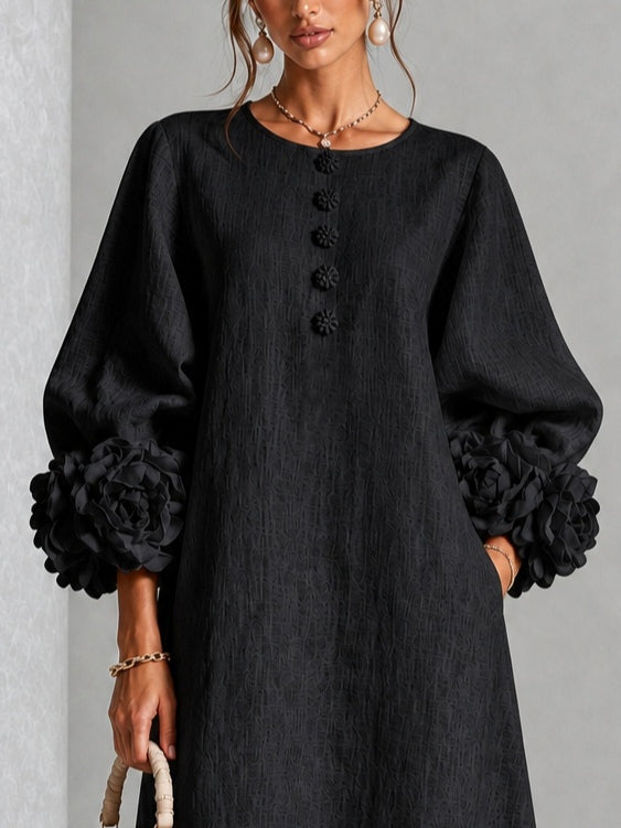 Diana | Robe Midi en Mélange de Lin à Poignets Fleur, Noir
