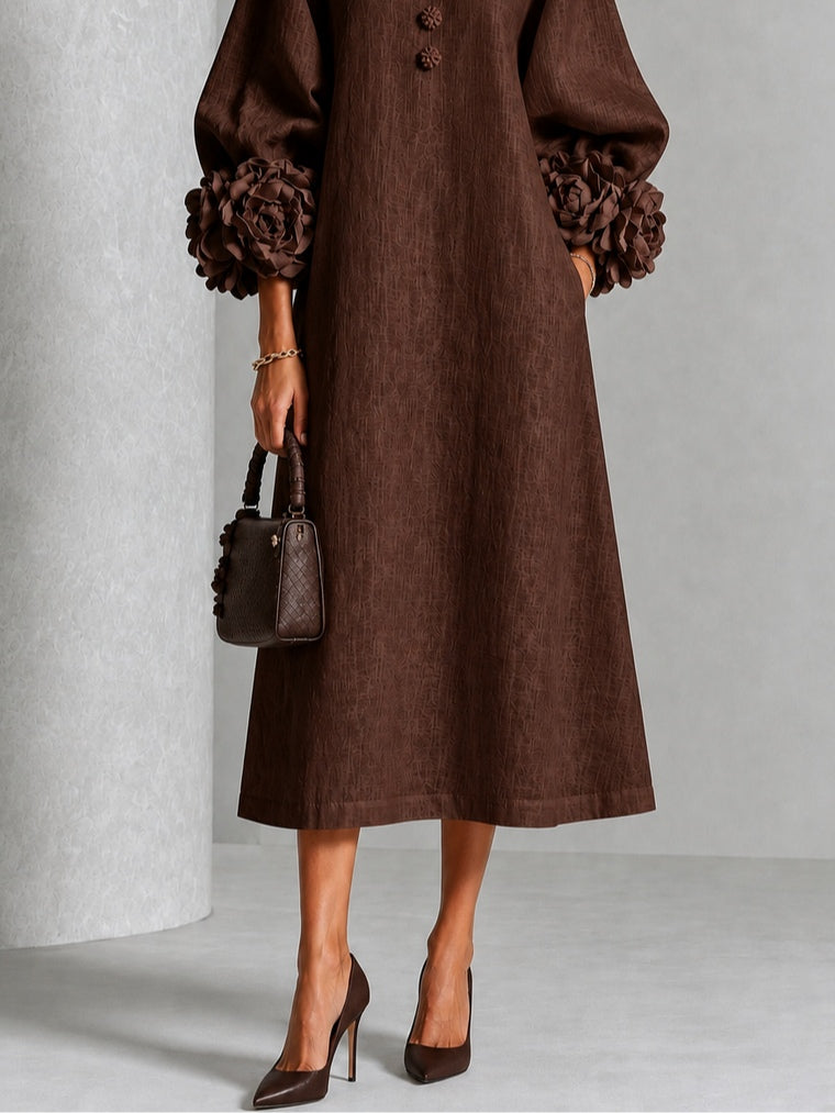 Viola | Robe Midi en Mélange de Lin à Poignets Fleur, Marron Chocolat