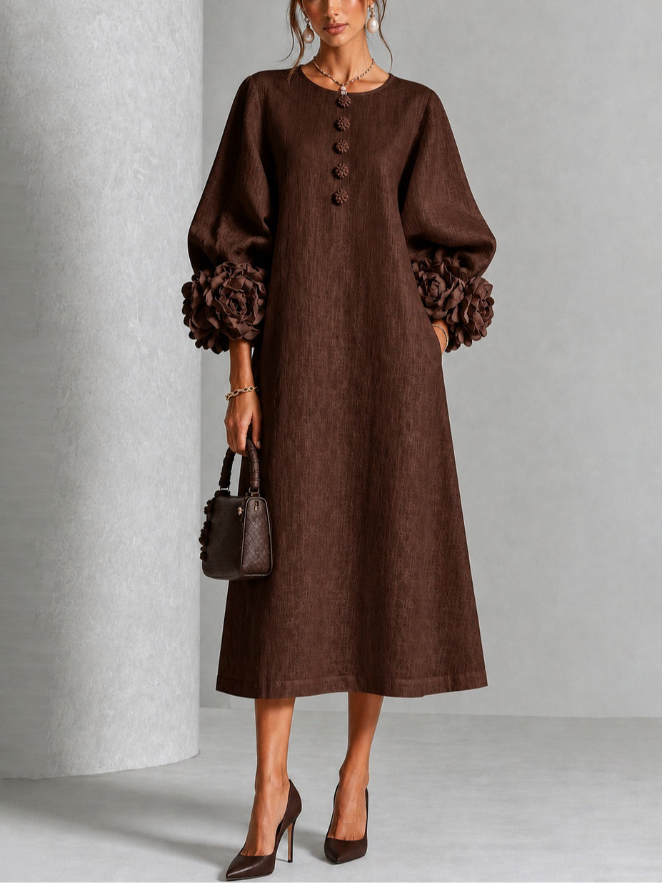 Viola | Robe Midi en Mélange de Lin à Poignets Fleur, Marron Chocolat