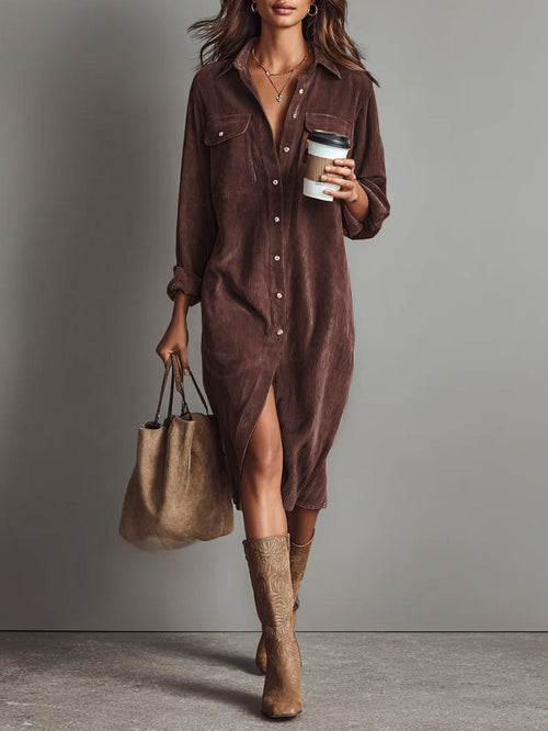 Béatrice | Robe Midi en Velours Côtelé à Poches et Boutonnage Simple