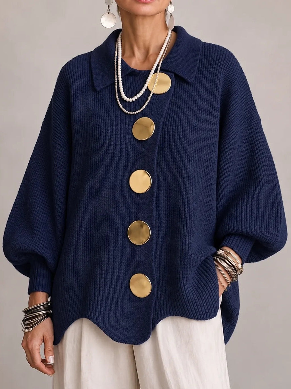 Milena | Cardigan Oversize Côtelé à Bord Festonné, Bleu Marine