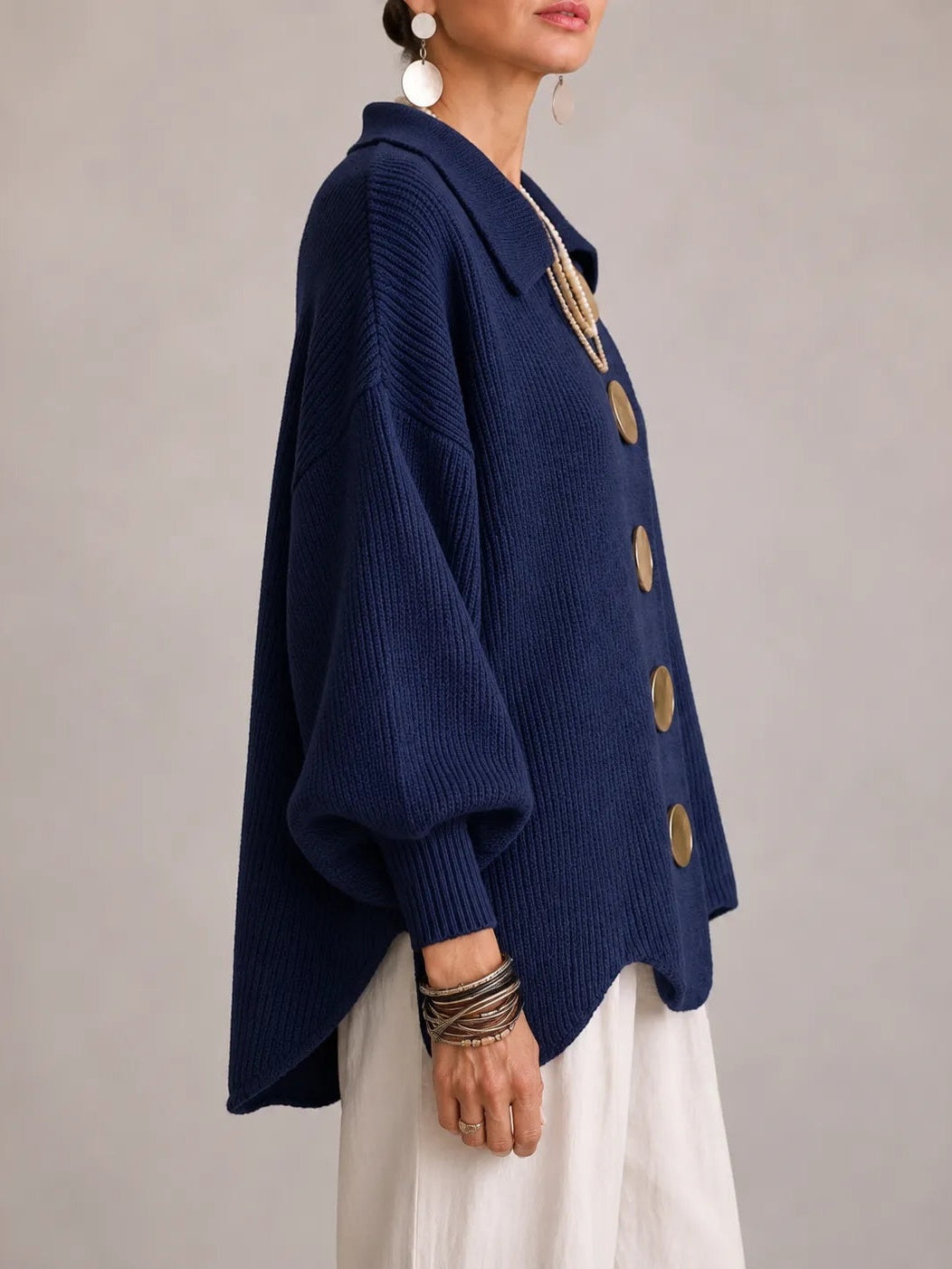 Milena | Cardigan Oversize Côtelé à Bord Festonné, Bleu Marine