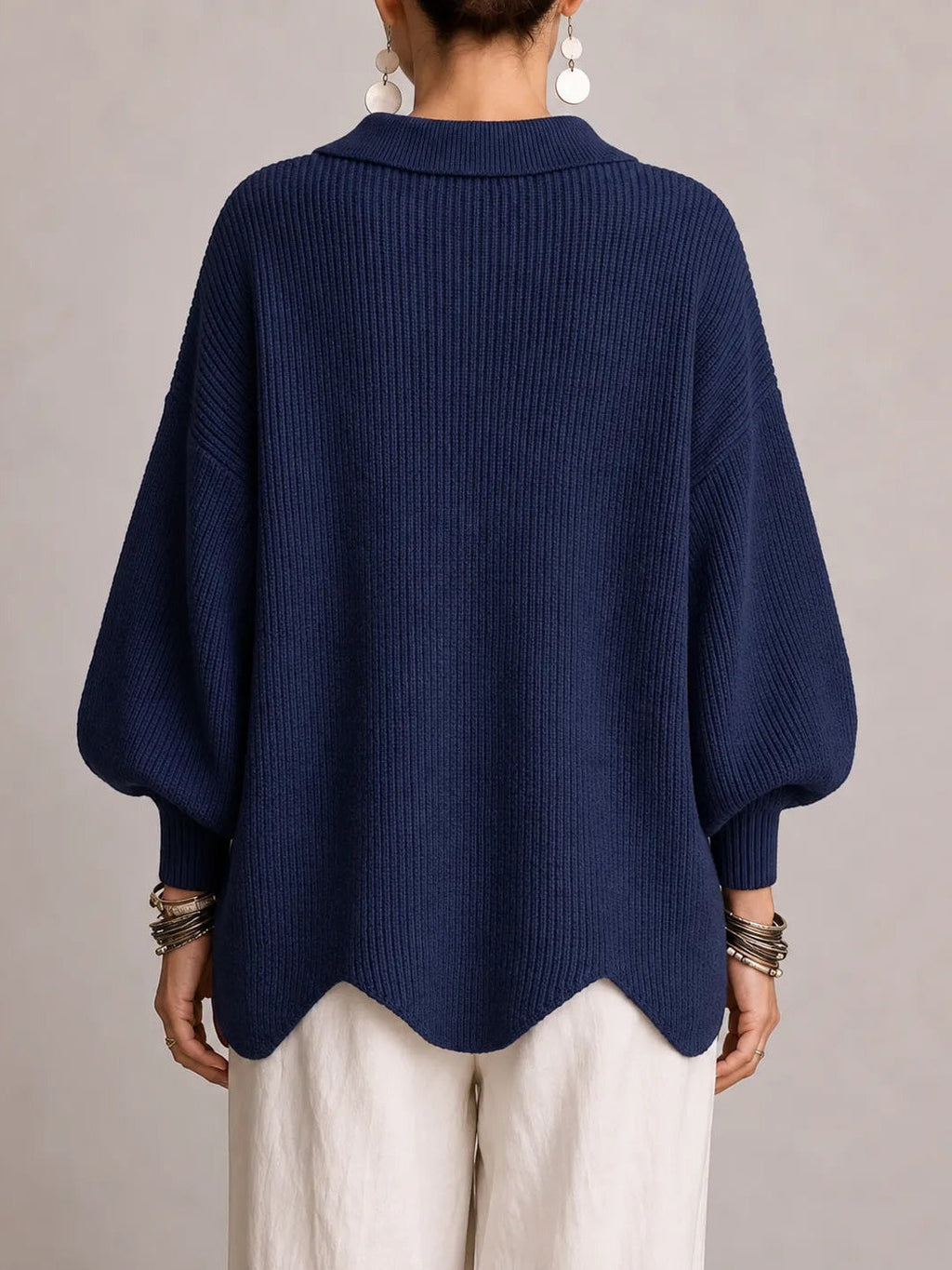 Milena | Cardigan Oversize Côtelé à Bord Festonné, Bleu Marine