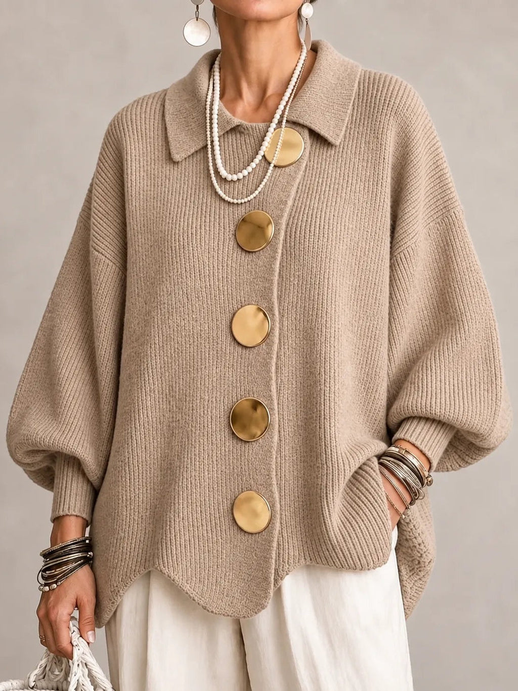 Iolanda | Cardigan Oversize Côtelé à Bord Festonné, Beige Sable
