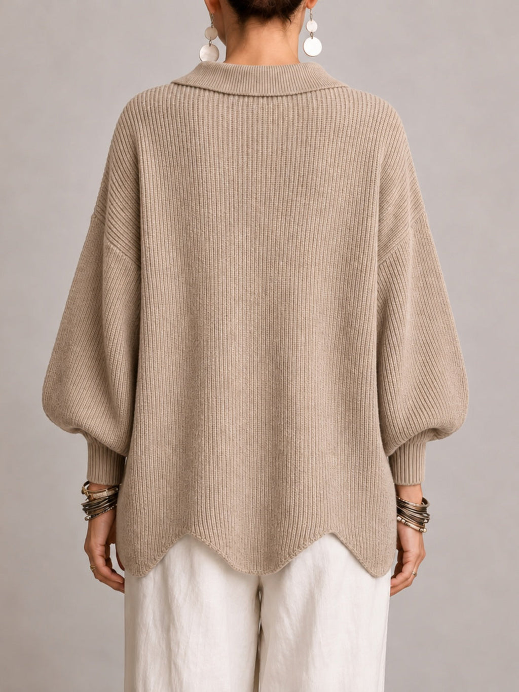 Iolanda | Cardigan Oversize Côtelé à Bord Festonné, Beige Sable