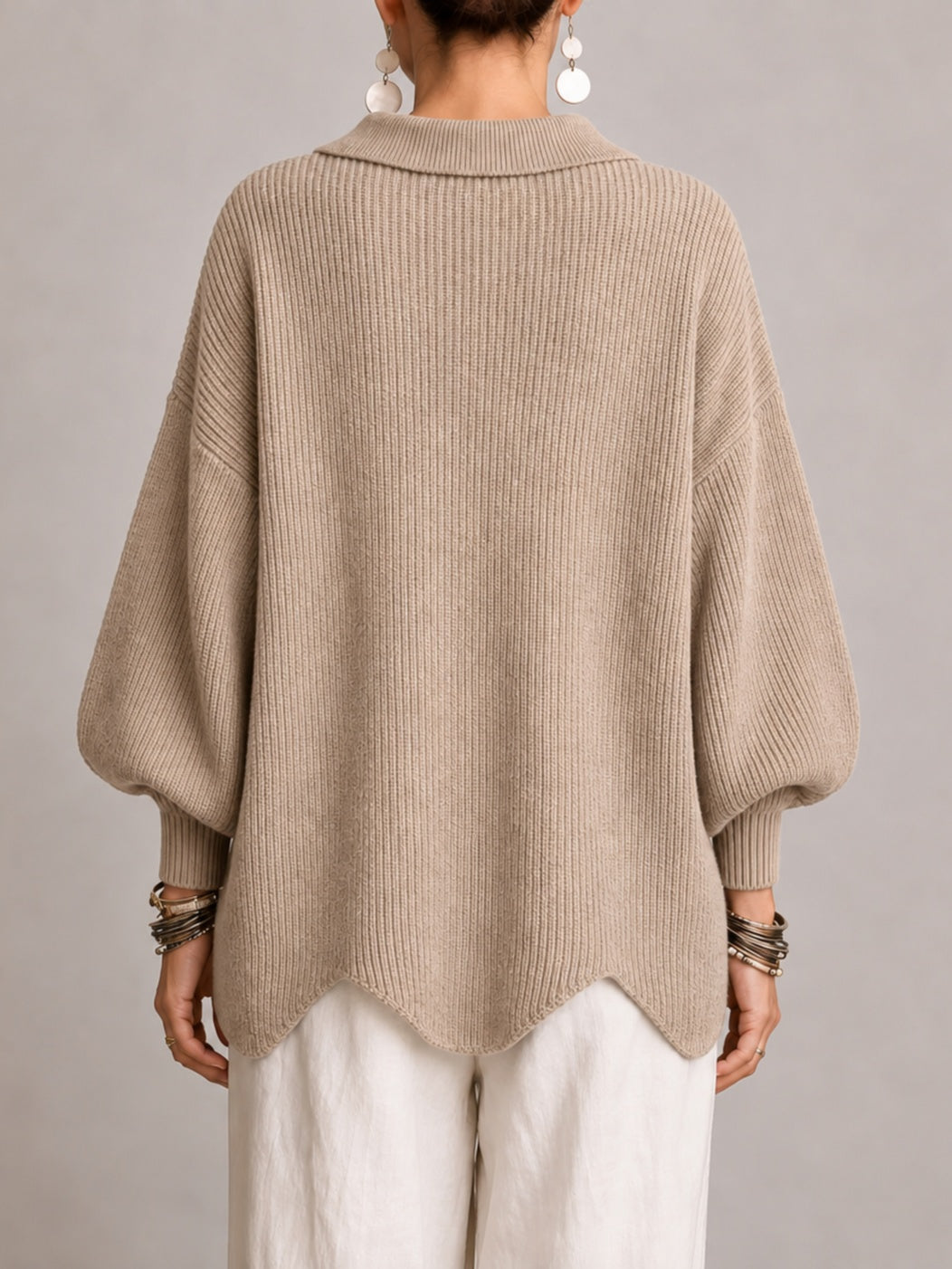 Iolanda | Cardigan Oversize Côtelé à Bord Festonné, Beige Sable