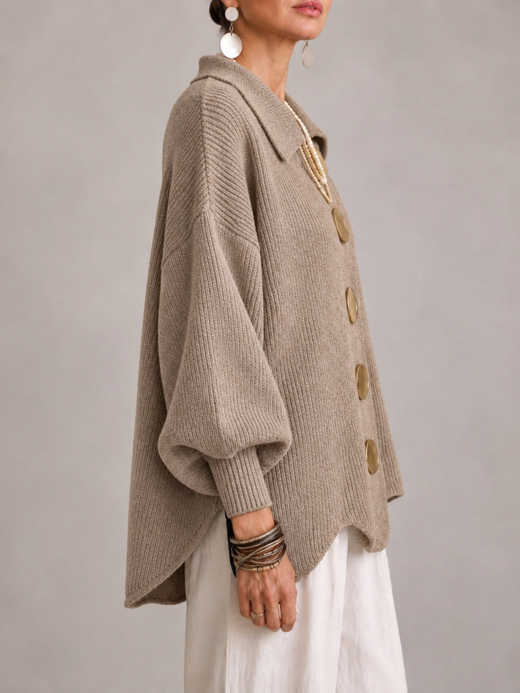 Iolanda | Cardigan Oversize Côtelé à Bord Festonné, Beige Sable