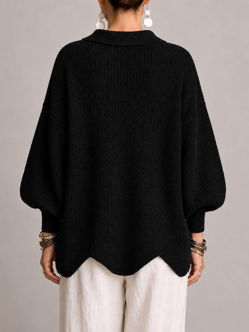 Maddalena | Cardigan Oversize Côtelé à Bord Festonné, Noir