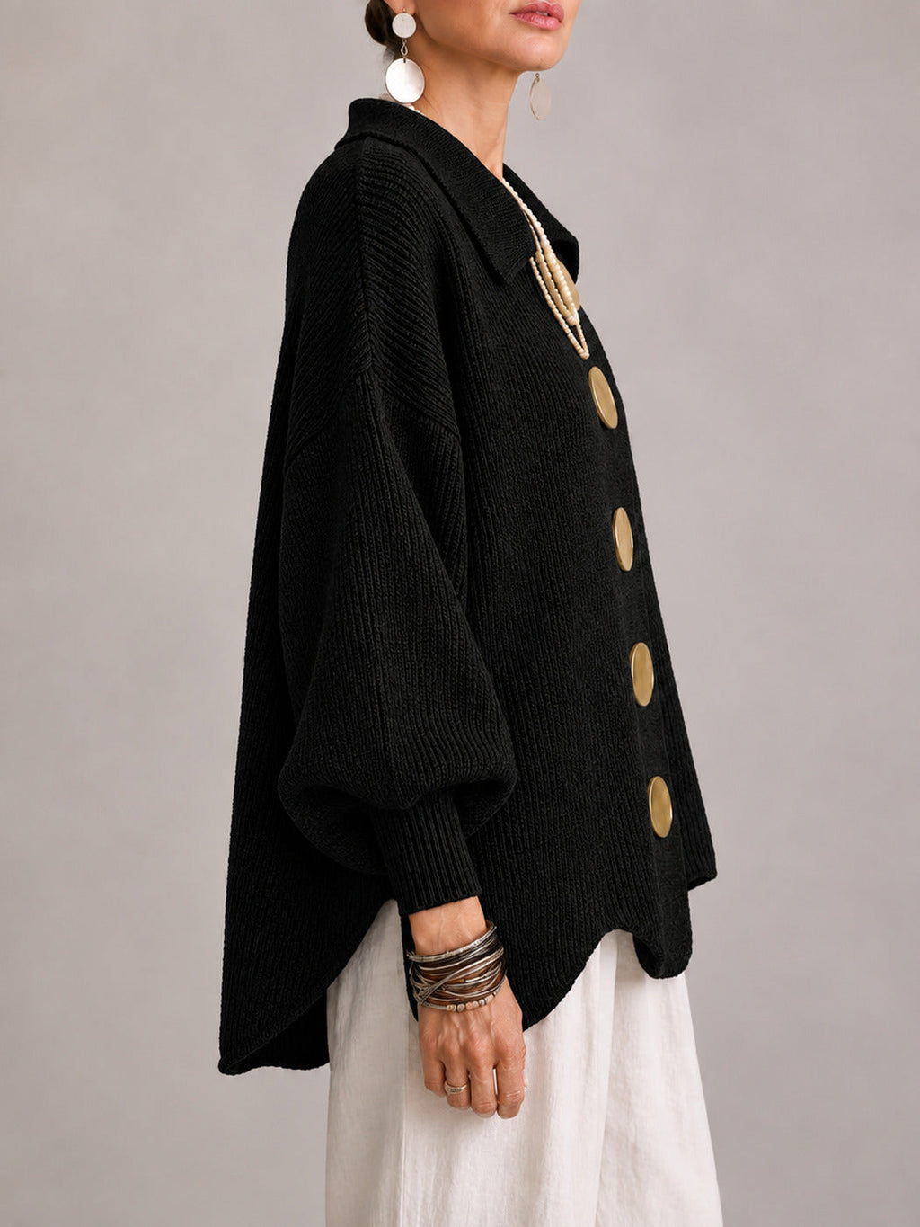 Maddalena | Cardigan Oversize Côtelé à Bord Festonné, Noir