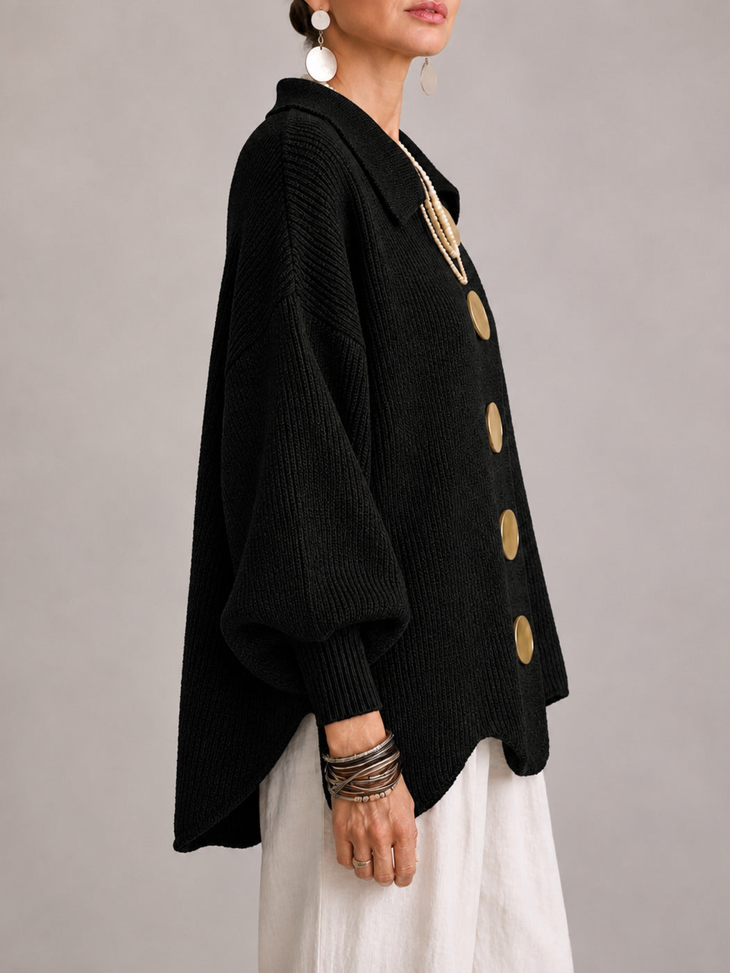 Maddalena | Cardigan Oversize Côtelé à Bord Festonné, Noir