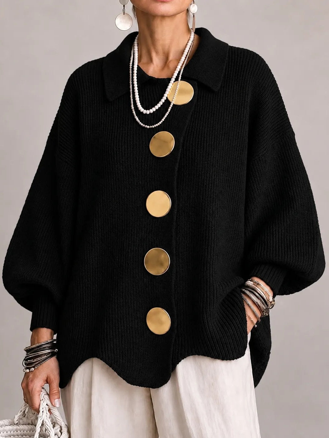 Maddalena | Cardigan Oversize Côtelé à Bord Festonné, Noir